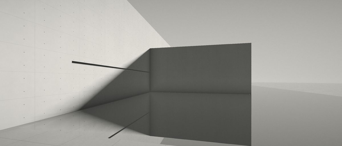 Mur en béton banché et bassin, ombre portée diagonale