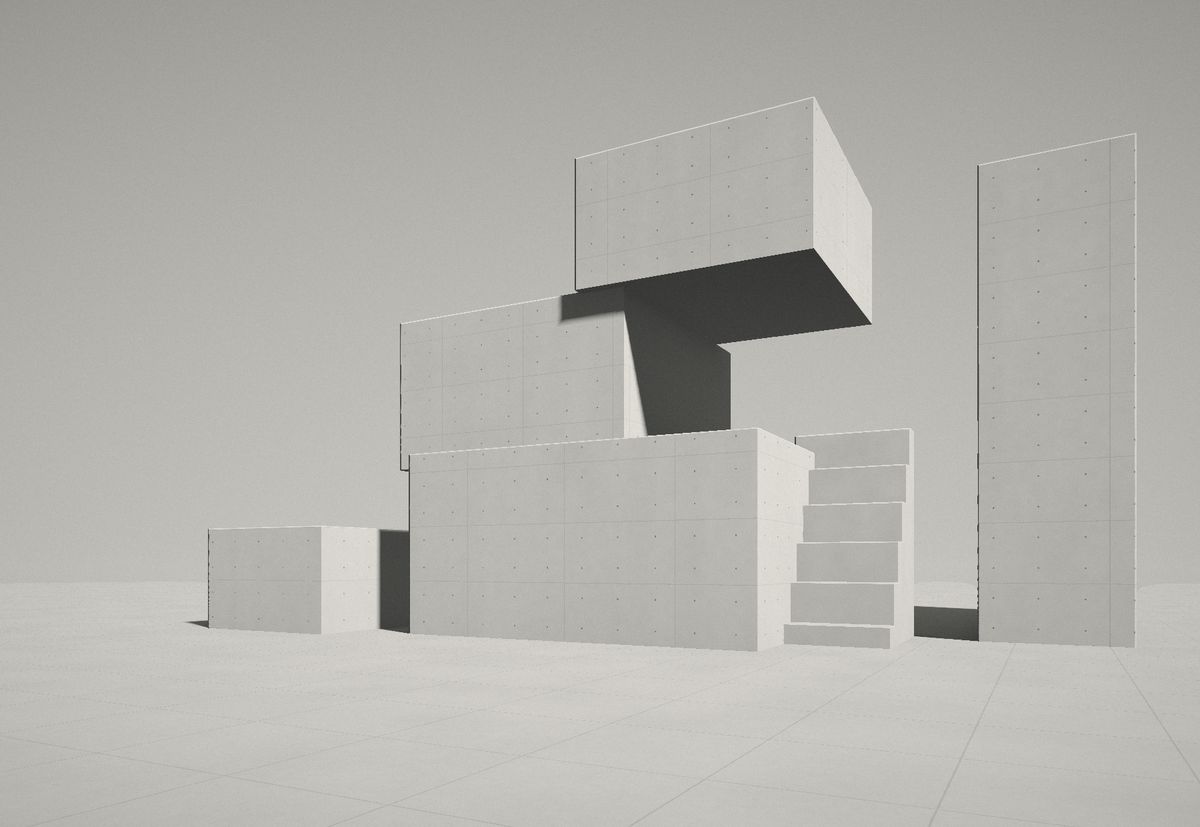 Volumes de béton superposés et escalier, ombres franches
